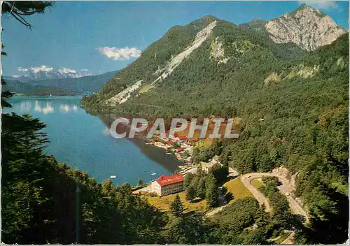 Cartes postales moderne Urfeld am Walchensee mit Kesselbergpassstrasse gegen Weltersteingebirge und Herzogstand