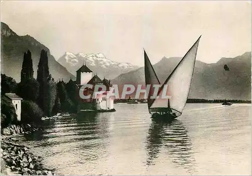 Moderne Karte Montreux Lac Leman Chateau de Chillon et la Dent-du-Midi Bateau