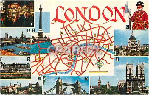 Cartes postales moderne London Piccadilly Circus Houses of Parliament Buckingham Palace Tower of London Nelsons Column Y