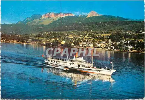 Moderne Karte Le Lac Leman France Suisse Gros bateau au large de la Cote Francoise Bateau