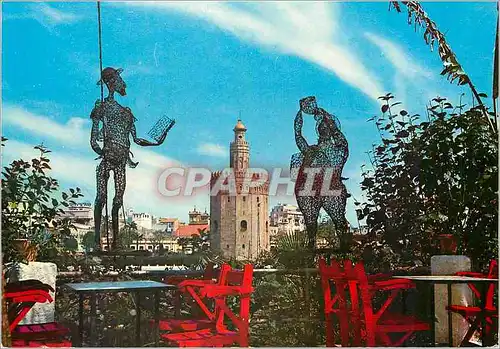 Cartes postales moderne Sevilla la tour d'or et vue partielle Don Quichotte Cervantes Sancho Pancha