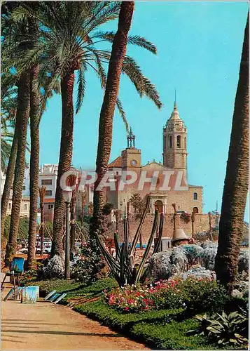 Cartes postales moderne Sitges jardin et eglise