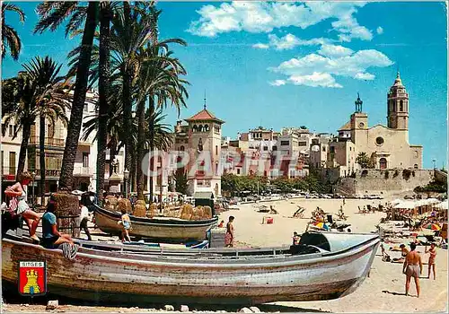 Cartes postales moderne Sitges plage et eglise