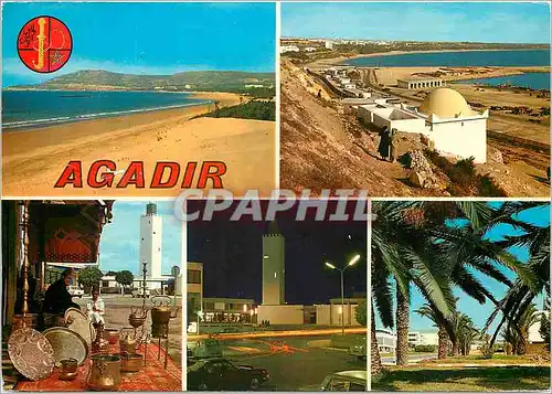 Moderne Karte Agadir La plage Vue panoramique Marchand de cuivres tapis etc La Mosquee la nuit