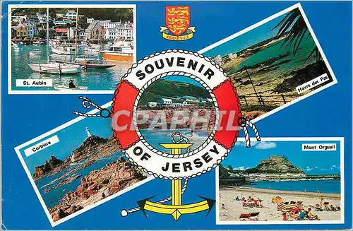 Moderne Karte Souvenir of Jersey St Aubin Havre des Pas Corbiere Mont Orgueil