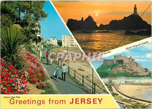 Cartes postales moderne Greetings From Jersey Havre des Pas Corbiere at Sunset Mont Orgueil Castle