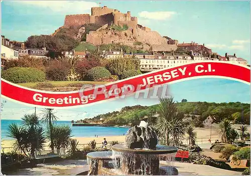 Moderne Karte Greetings From Jersey Mont Orgueil Castle St Brelades Gardens