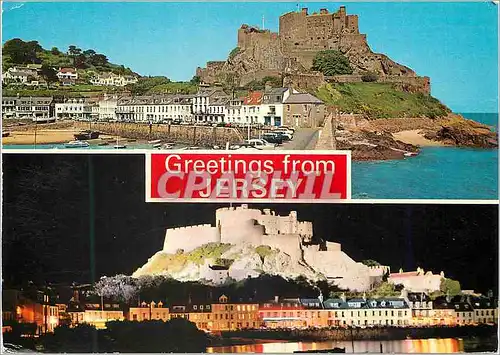 Moderne Karte Greetings from Jersey Mont Orgueil Castle by Day and Night