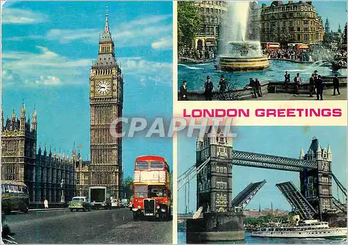 Cartes postales moderne London Greeting Big Ben and the Houses of Parliament Trafalgar Square Tower Bridge