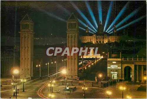 Moderne Karte Barcelona le Grand Jet d'Eau et Palais National Depuis Place Espagne La Nuit