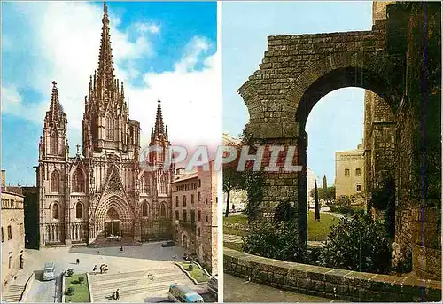Cartes postales moderne Barcelona Cathedrale et Detail des Murailles Romaines