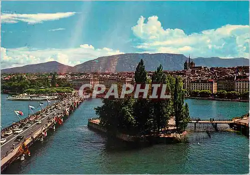 Cartes postales moderne Geneve l'ile rousseau e la pont du mont blanc
