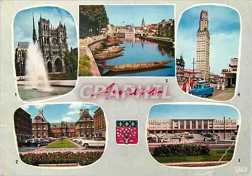 Cartes postales moderne Souvenir d'Amiens (somme) jet d'eau devant la cahtedrale la mairire la gare du nord