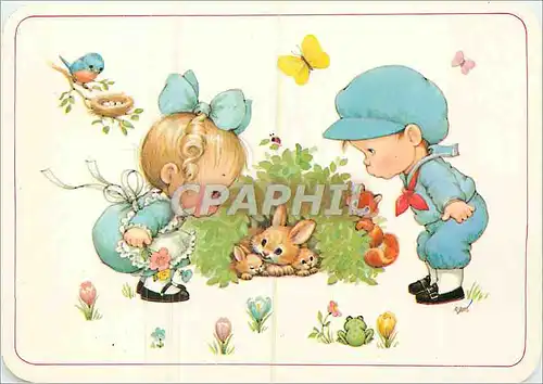 Cartes postales moderne Enfants Lapins Ecureuil Papillon