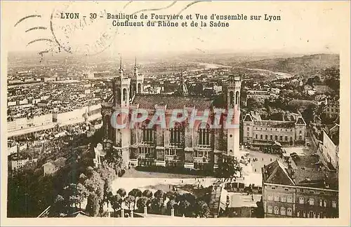 Cartes postales Lyon basilique de fourviere et vue d'ensemble sur lyon confluent du rhone et de la saone