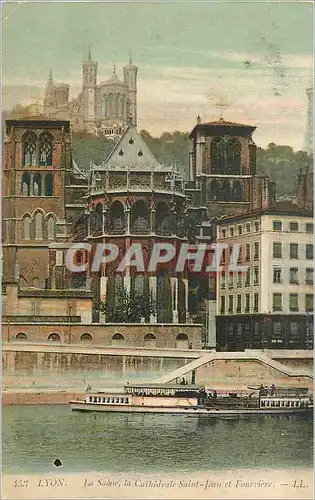 Cartes postales Lyon La Saone la Cathedrale Saint-Jean et Fourviere Bateau