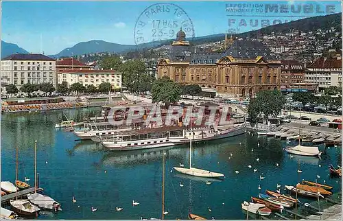 Moderne Karte Neuchatel le port la poste et l'hotel touring Bateaux