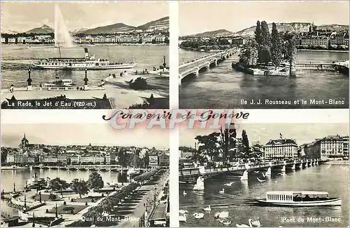 Cartes postales Souvenir de Geneve La rade le jet d'eau Ile JJ Rousseau et le Mont Blanc Quai du Mont Blanc