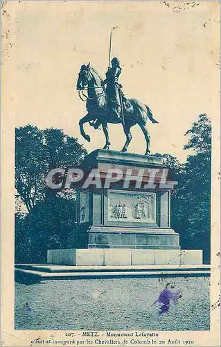 Cartes postales Metz Monument Lafayette Offert et inaugure par les Chevaliers de Colomb le 20 Aout 1920