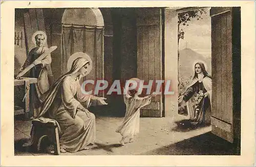 Ansichtskarte AK Ste Therese de L'Enfant Jesus Jetant des Fleurs sous Les Pas de l'Enfant Jesus (Tableau Allegori
