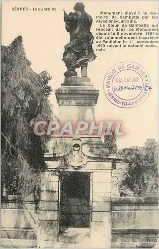 Cartes postales Sevres les jardies Monument eleve a la memoire de Gambetta par les Alsaciens Lorrains