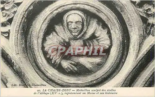 Cartes postales 90 la chaise dieu medaillon sculpte des stalles de l abbaye(xv s) representant un moine et son b