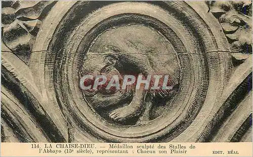 Cartes postales 114 la chaise dieu medaillon sculpte des stalles de l abbaye(xv s) representant chacun son plais