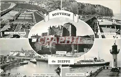 Cartes postales moderne Souvenir de Dieppe Vue generale de l'esplanade La plage et les falaises Depart pour l'Angleterre