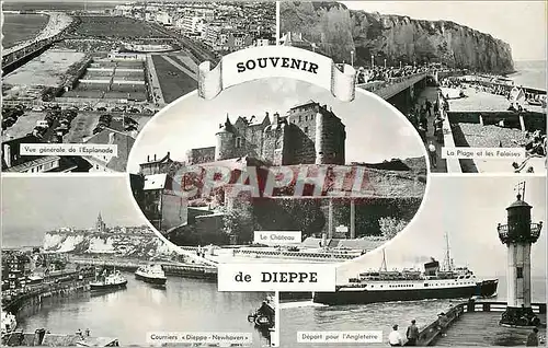 Moderne Karte Souvenir de Dieppe Vue generale de l'esplanade La plage et les falaises Depart pour l'Angleterre