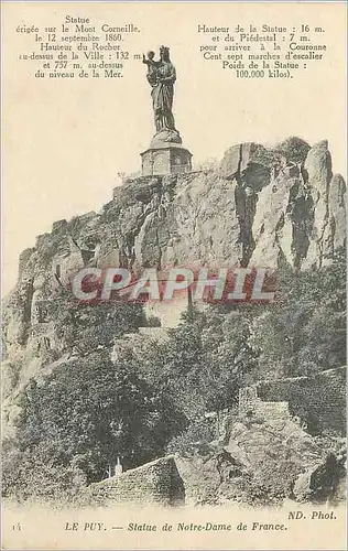 Cartes postales le Puy Statue de Notre Dame de France Statue erigee sur le Mont Corneille le 12 Septembre 1860