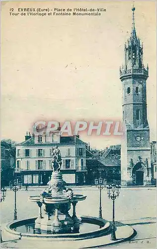 Cartes postales Evreux (Eure) Place de l'Hotel de Ville Tour de l'Horloge et Fontaine Monumentale