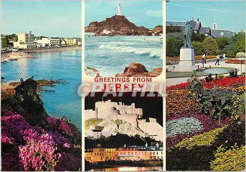 Moderne Karte Greetings From Jersey Corbiere Lighthouse Harve Des Pas Howard Davis Park Mont Orguiel Castle