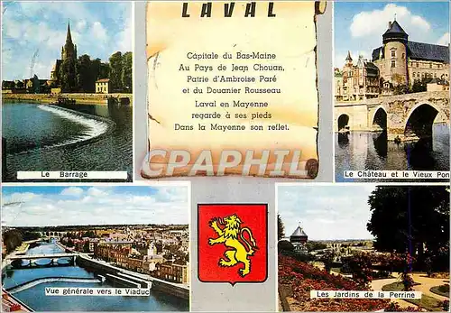 Moderne Karte Laval (Mayenne) Le barrage Le ch�teau et le vieux pont Vue generale vers le viaduc Les jardins d