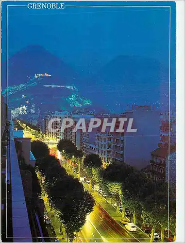 Moderne Karte Grenoble Isere La Bastille vue de nuit depuis le Cours Jean Jaures