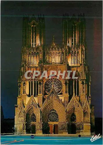 Moderne Karte Reims Marne La facade de la cathedrale vue de  nuit