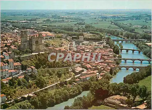 Moderne Karte Beziers Herault Vue panoramique aerienne sur la ville et la Cathedrale St Nazaire dominant l Orb