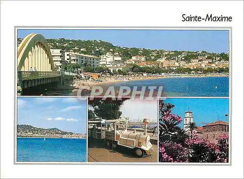 Cartes postales moderne Sainte Maxime Var La plage du Centre Le petit train La Tour Carree et l eglise