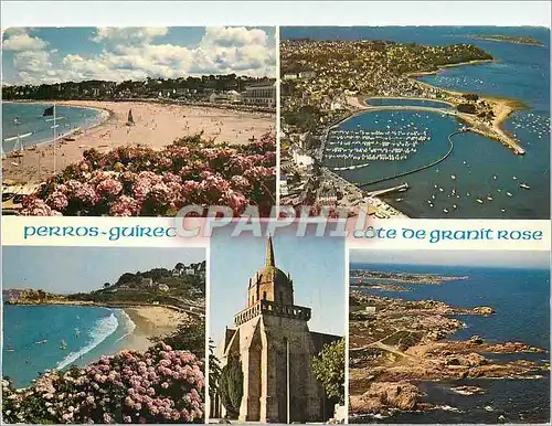 Cartes postales moderne Perros Guirec Les plages de Trestraou et Trestrignel le port l eglise