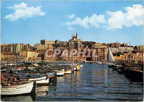 Moderne Karte Marseille B du R Le vieux port Dans le fond Basilique de ND de la Garde Bateaux de peche