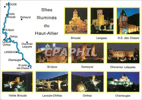 Moderne Karte Sites Illumines du Haut Allier Brioude Langeac ND des Chazes St Ilpize Domeyrat Chavaniac Lafaye