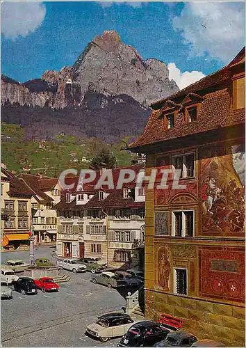 Cartes postales moderne Schwyz hauptplatz mit rathaus blick gegen mythen