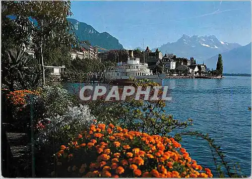 Moderne Karte Montreux Lac Leman Le quai et les Dents du Midi Bateau