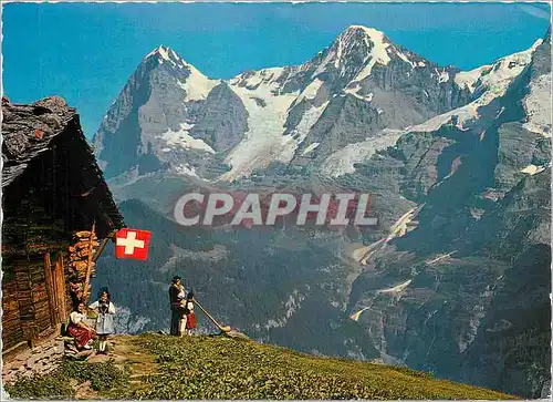 Moderne Karte Alphornblaser und Familie mit Eiger und Monch Joueur du cor des Alpes et sa familie l Eiger et l