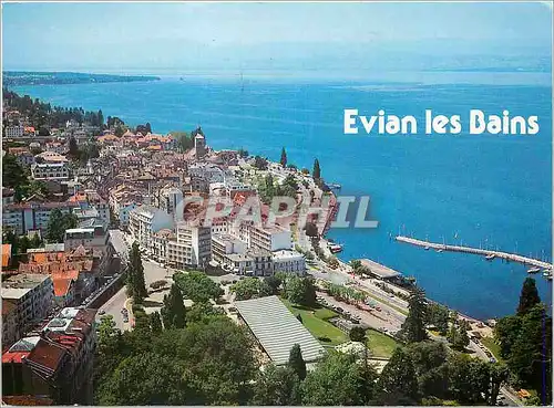 Moderne Karte Evian les Bains Hte Savoie Ville fleurie Vue aerienne Au fond la cote Suisse