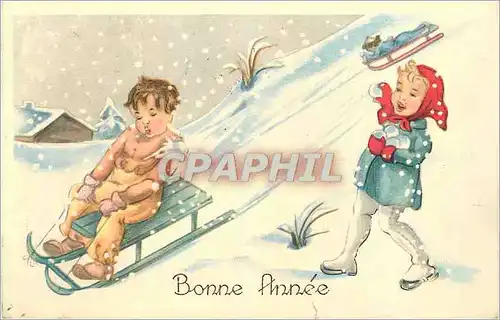 Cartes postales Bonne Annee Luge Enfants