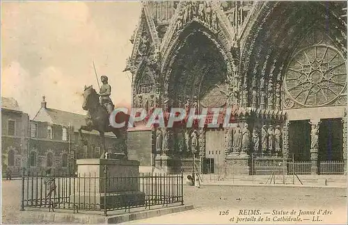 Cartes postales Reims Statue de Jeanne d'Arc et Portails de la Cathedrale