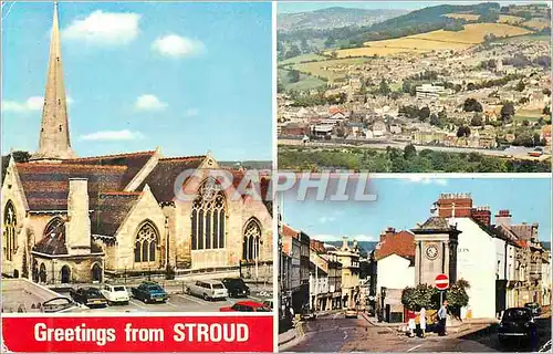 Moderne Karte Greetings from Stroud Parish Church Stroud from Rodborough Common The Four Clocks