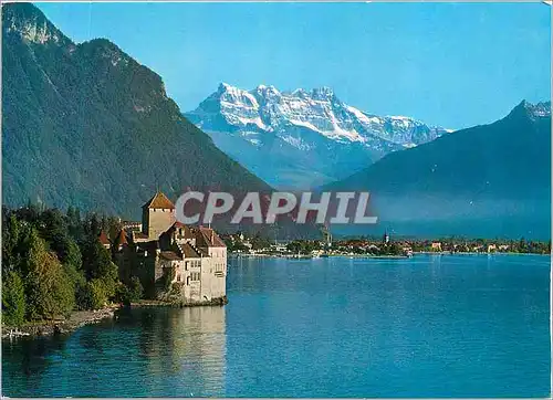 Moderne Karte Chateau de Chillon et Dents du Midi Lumieres et Couleurs sur le Lac Leman