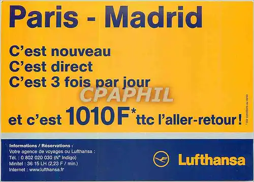 Cartes postales moderne Lufthansa Paris Madrid c'est Nouveau c'est Direct c'est 3 Fois par Jour