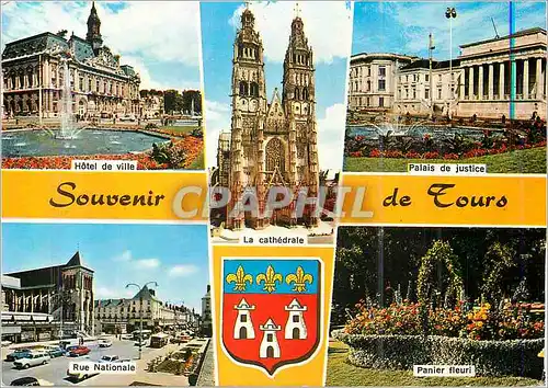 Cartes postales Souvenir de Tours (Indre et Loire) Hotel de ville Palais de justice Rue Nationale Panier fleuri